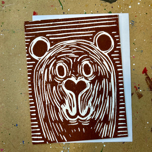 Teddy Bear Handprinted Linocut Greeting Card, 4.25x5.5"
