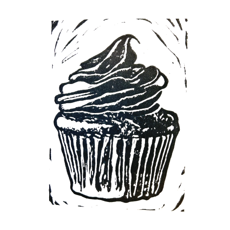 A Black Cupcake Handprinted Linocut Greeting Card, 4.25x5.5"