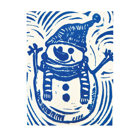 A Charming Blue Snowman Handprinted Linocut Greeting Card, 4.25x5.5"