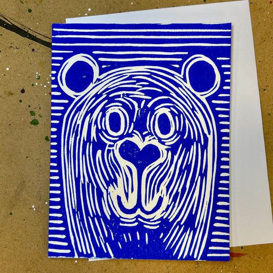 Mr. Bluebeary Handprinted Linocut Greeting Card, 4.25x5.5"