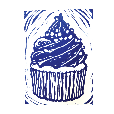 A Cheerful Blue Cupcake Handprinted Linocut Greeting Card, 4.25x5.5"