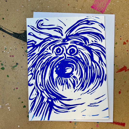 A Blue Dog Handprinted Linocut Greeting Card, 4.25x5.5"