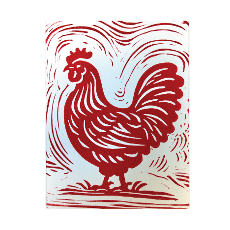A Red Chicken Handprinted Linocut Greeting Card, 4.25x5.5"
