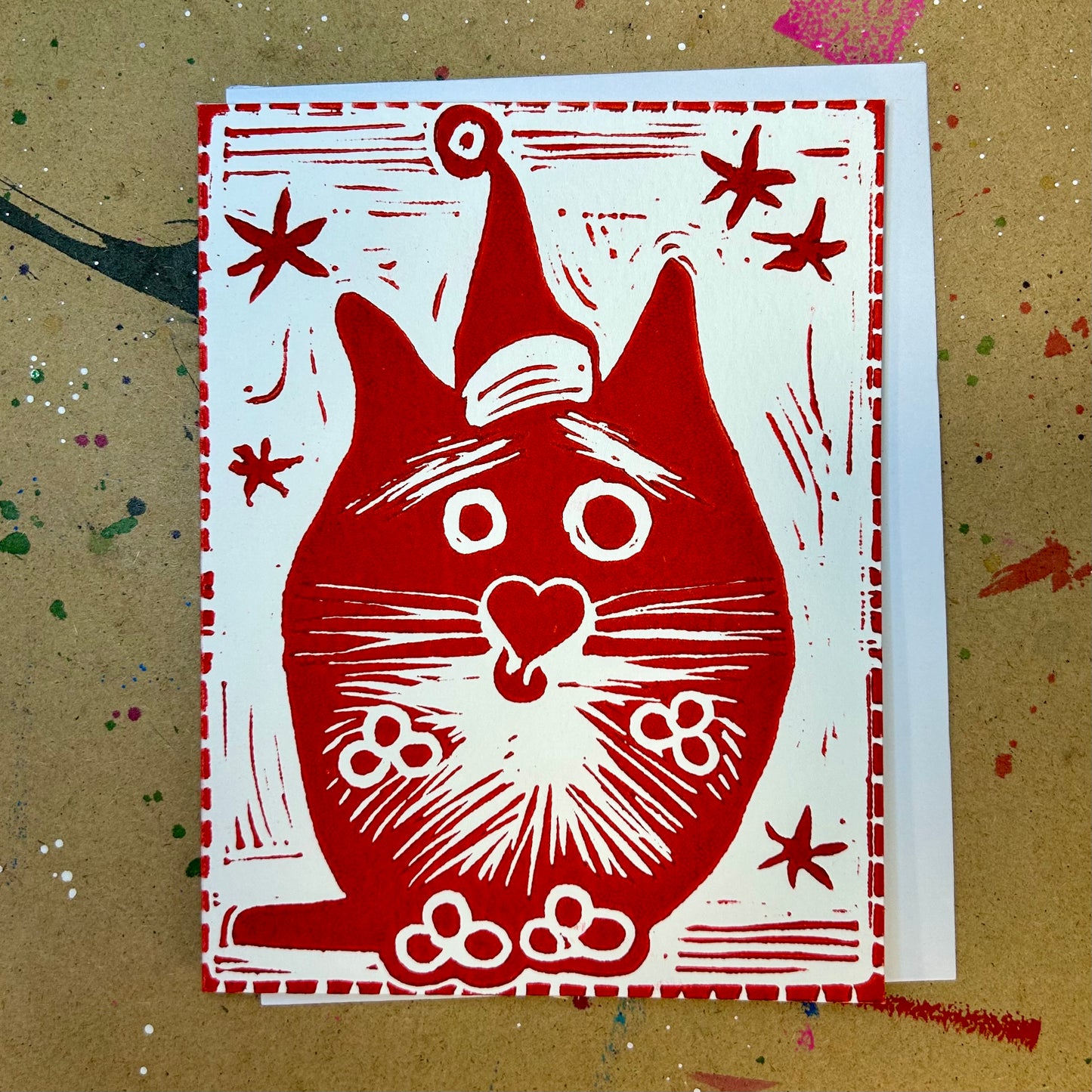 Christmas Cat Handprinted Linocut Greeting Card, 4.25x5.5"