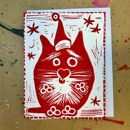 Christmas Cat Handprinted Linocut Greeting Card, 4.25x5.5"