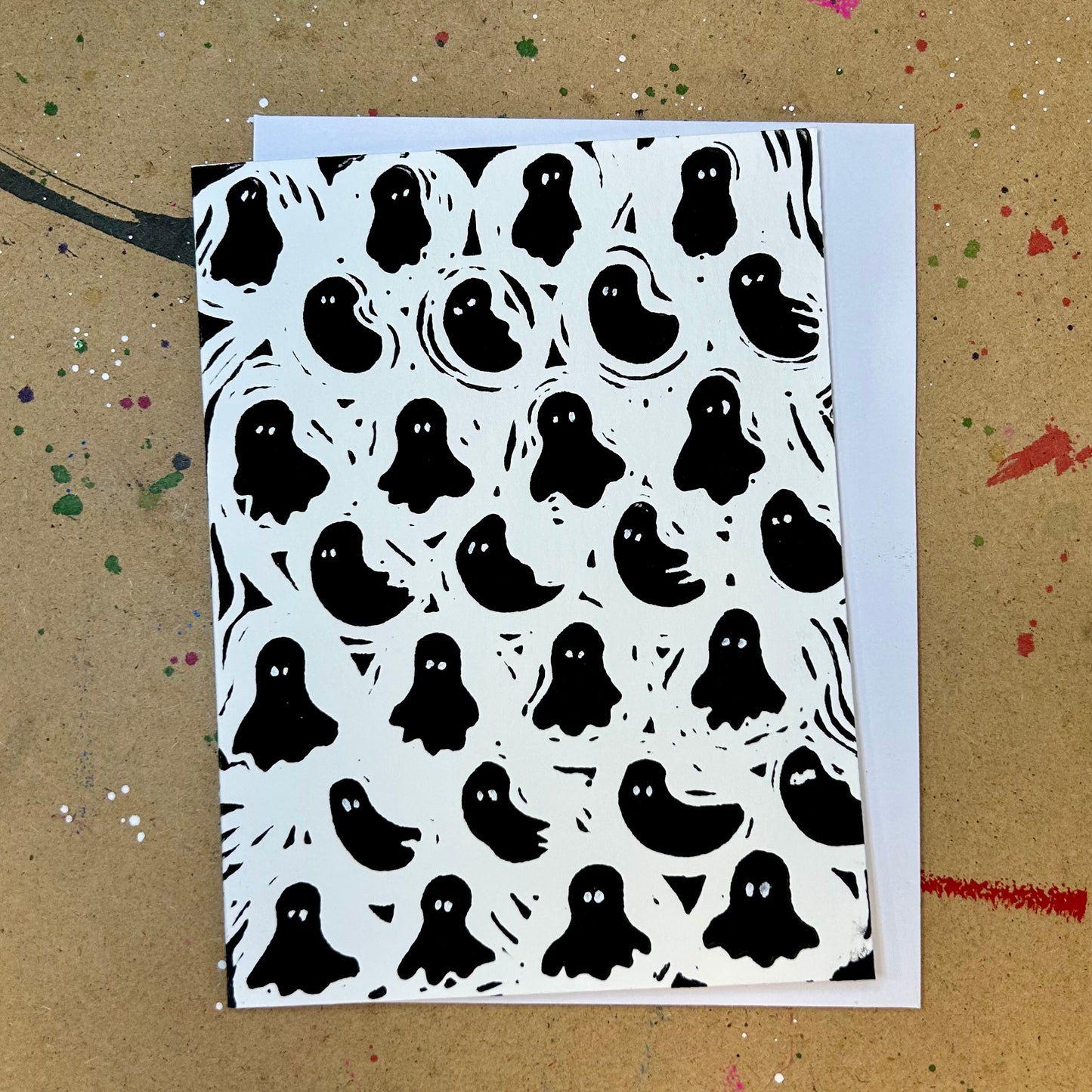 Halloween Black Ghosts Handprinted Linocut Greeting Card, 4.25x5.5"