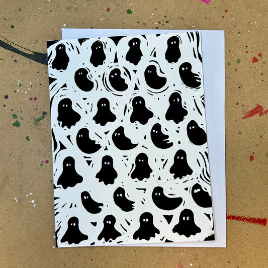 Halloween Black Ghosts Handprinted Linocut Greeting Card, 4.25x5.5"