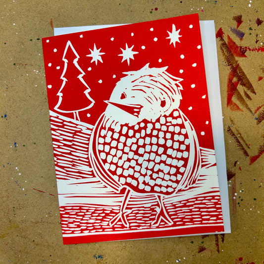 Holiday Birdie Handprinted Linocut Greeting Card, 4.25"x5.5"