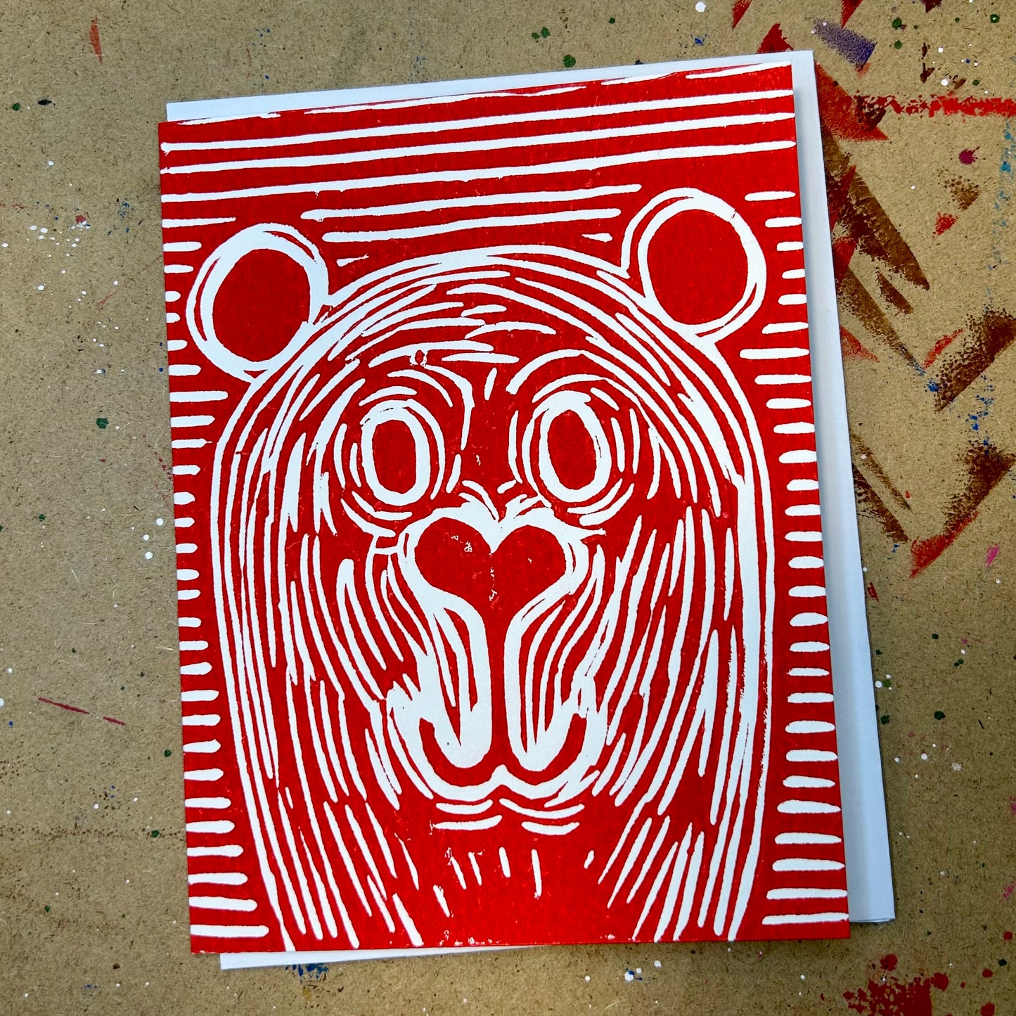 Holiday Bear Handprinted Linocut Greeting Card, 4.25"x5.5"