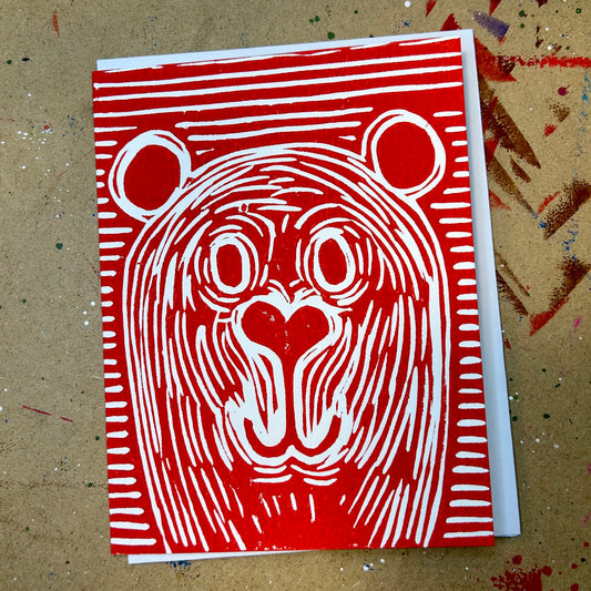 Holiday Bear Handprinted Linocut Greeting Card, 4.25"x5.5"