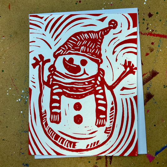 Red Snowman Handprinted Linocut Greeting Card, 4.25"x5.5"