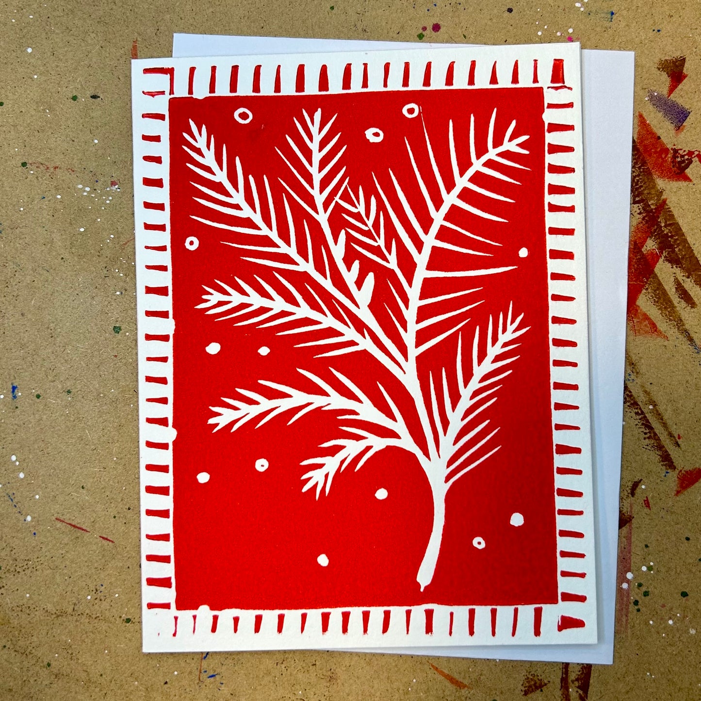 Winter Sprigs Handprinted Linocut Greeting Card, 4.25"x5.5"