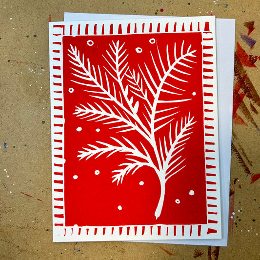 Winter Sprigs Handprinted Linocut Greeting Card, 4.25"x5.5"