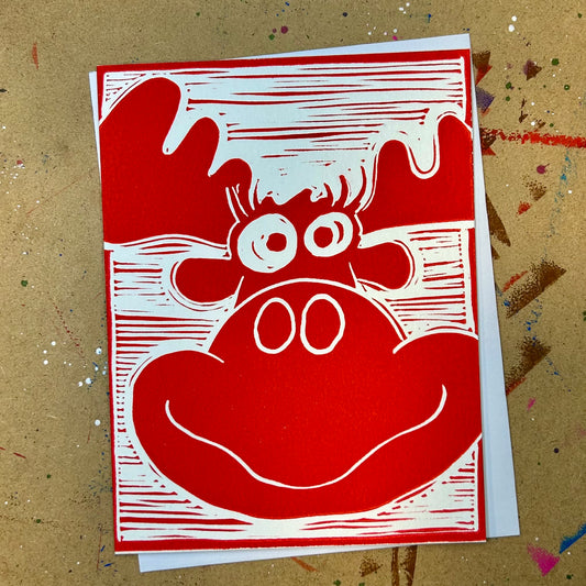 Holiday Moose Handprinted Linocut Greeting Card, 4.25"x5.5"