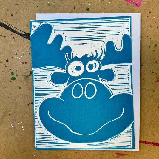 Turquoise Ted Moose Handprinted Linocut Greeting Card, 4.25x5.5"