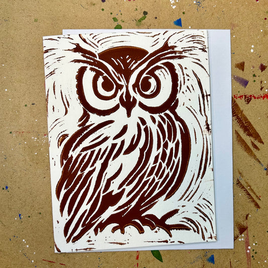 Owliver the Owl Handprinted Linocut Greeting Card, 4.25x5.5"