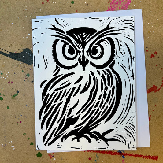 A Mischievous Black Owl Handprinted Linocut Greeting Card, 4.25x5.5"