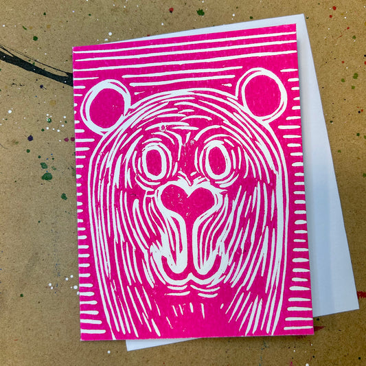 A Pink Mama Bear Handprinted Linocut Greeting Card, 4.25x5.5"