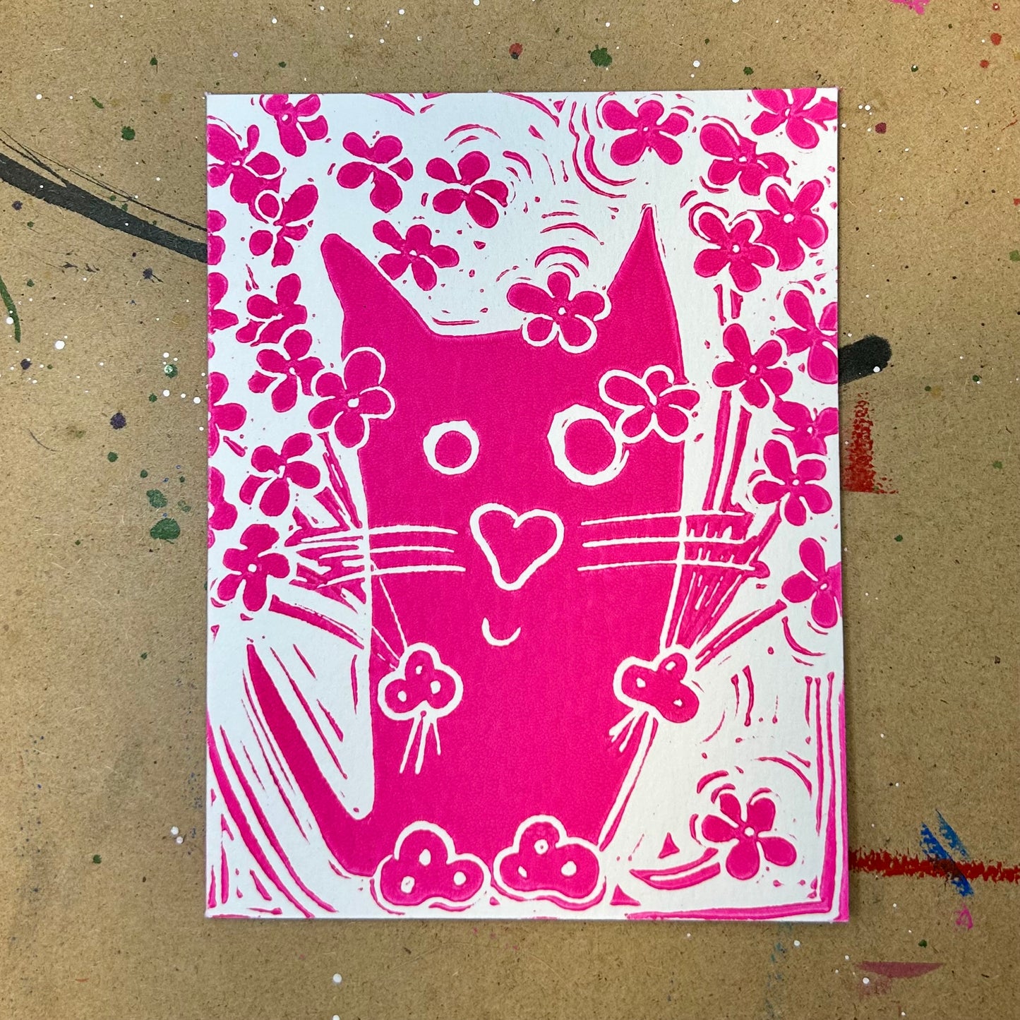 A Pink Cat Handprinted Linocut Greeting Card, 4.25x5.5"