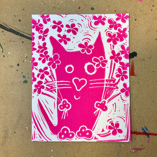 A Pink Cat Handprinted Linocut Greeting Card, 4.25x5.5"