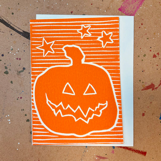 A Whimsical Orange Halloween Pumpkin Handprinted Linocut Greeting Card, 4.25x5.5"