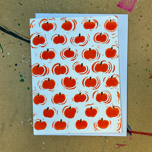 Autumn Halloween Pumpkin Patch Handprinted Linocut Greeting Card, 4.25x5.5"