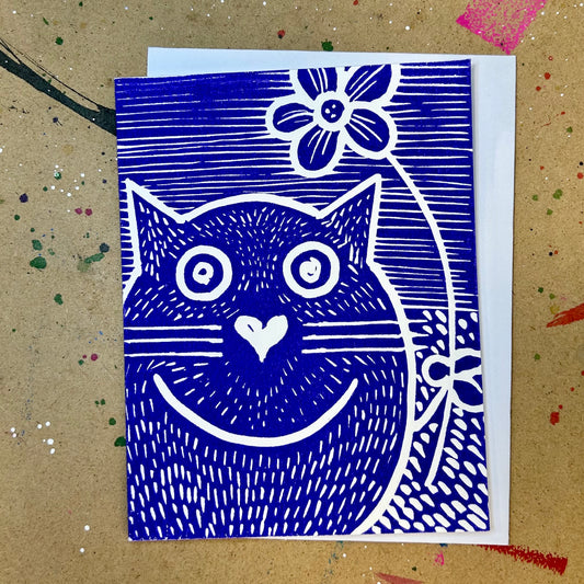 A Purple Cat Handprinted Linocut Greeting Card, 4.25x5.5"