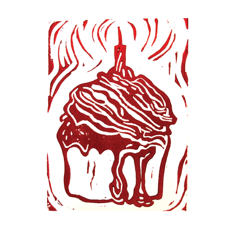 A Red Cupcake Handprinted Linocut Greeting Card, 4.25x5.5"