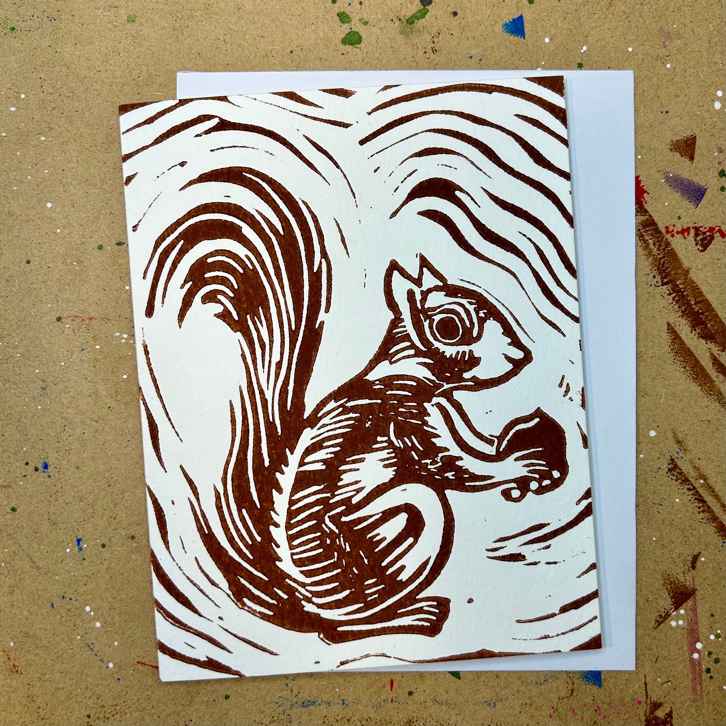 Nibbles the Squirrel, Handprinted Linocut Greeting Card, 4.25x5.5"