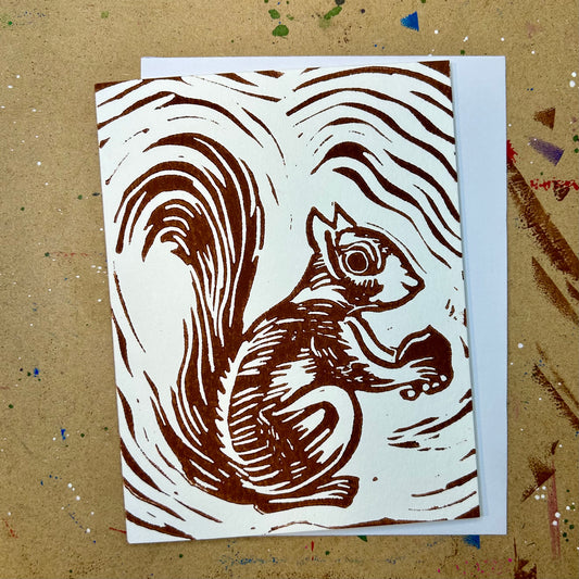 Nibbles the Squirrel, Handprinted Linocut Greeting Card, 4.25x5.5"