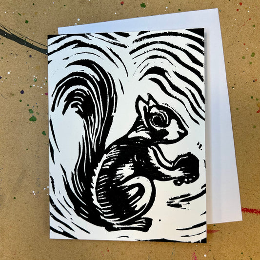 A Black Squirrel Handprinted Linocut Greeting Card, 4.25x5.5"